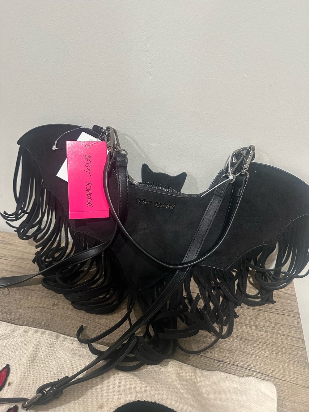 Betsey Johnson Black Bat Wing Fringe Crossbody